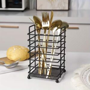 Cast Iron Kitchen Utensil Holder with Drain Grid - Freestanding Chopstick Cage for Sink, No-Drill Installation, Organizes Spoons, Forks & Knives, Black Metal Wire Design