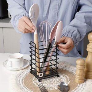 Cast Iron Kitchen Utensil Holder with Drain Grid - Freestanding Chopstick Cage for Sink, No-Drill Installation, Organizes Spoons, Forks & Knives, Black Metal Wire Design