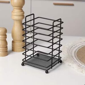 Cast Iron Kitchen Utensil Holder with Drain Grid - Freestanding Chopstick Cage for Sink, No-Drill Installation, Organizes Spoons, Forks & Knives, Black Metal Wire Design