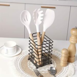 Cast Iron Kitchen Utensil Holder with Drain Grid - Freestanding Chopstick Cage for Sink, No-Drill Installation, Organizes Spoons, Forks & Knives, Black Metal Wire Design