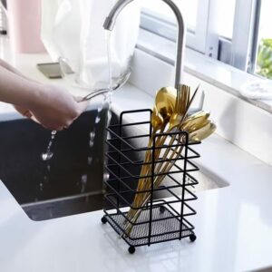 Cast Iron Kitchen Utensil Holder with Drain Grid - Freestanding Chopstick Cage for Sink, No-Drill Installation, Organizes Spoons, Forks & Knives, Black Metal Wire Design