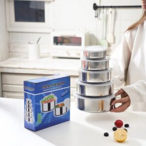 5-Piece Stainless Steel Round Food Storage Boxes with Lids