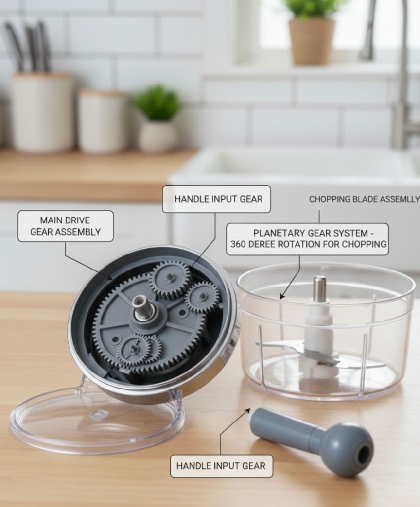 2.5 Litre Transparent Acrylic Multi-Gear 360° Rotatable Smooth Chopper with 3 Different chopping Blade - Image 3