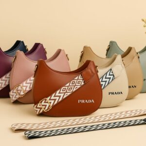 Moon-Shape Women’s Shoulder Bag with Patterned Strap