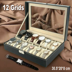 "12-Slot Black Leather Watch Storage Box – Premium Display Case"