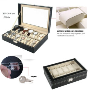 "12-Slot Black Leather Watch Storage Box – Premium Display Case"