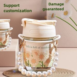 Cute 400ml Glass tumbler with Pearl Strap & Straw