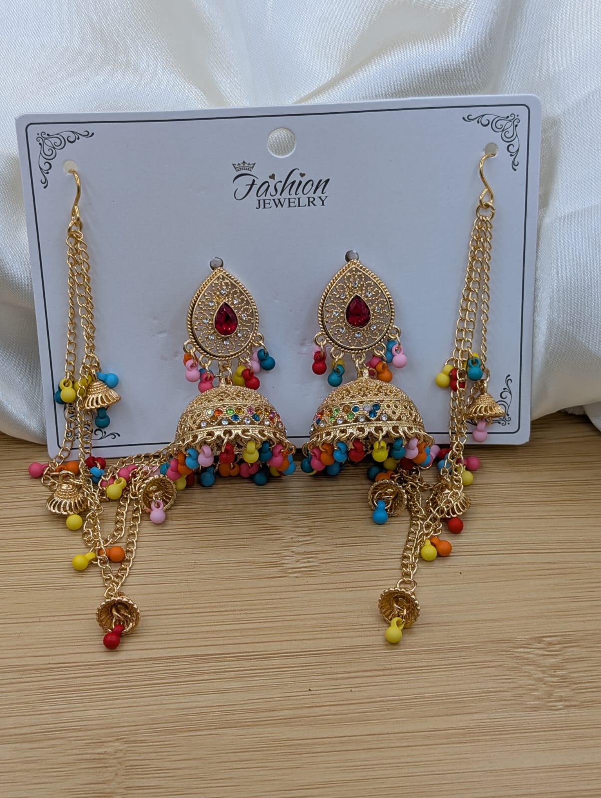 Polki Jhumki Sahara Earrings – Beaded Tassel, Multi-Color - Image 2