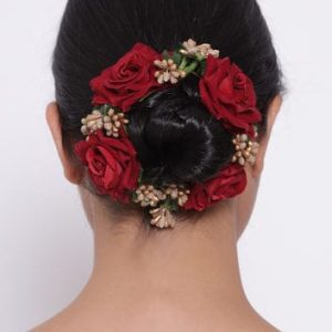 Red Rose Artificial Juda – Bridal Floral Bun Hair Accessory