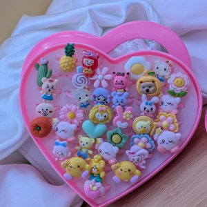 36Pcs/Set Mix Animals Rabbit Flower Heart Baby Rings Kids Girls Children's Cartoon Jewelry Plastic Box For Birthday Gift
