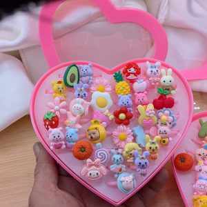36Pcs/Set Mix Animals Rabbit Flower Heart Baby Rings Kids Girls Children's Cartoon Jewelry Plastic Box For Birthday Gift