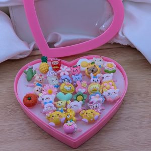 36Pcs/Set Mix Animals Rabbit Flower Heart Baby Rings Kids Girls Children's Cartoon Jewelry Plastic Box For Birthday Gift