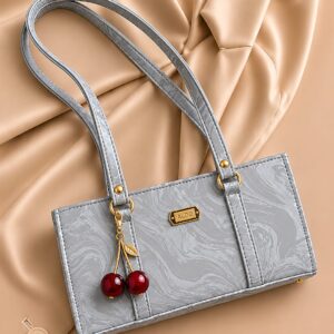 Marble Style Rectangular Handbag with Cherry Keychain