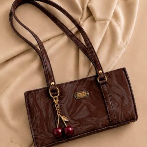 Marble Style Rectangular Handbag with Cherry Keychain