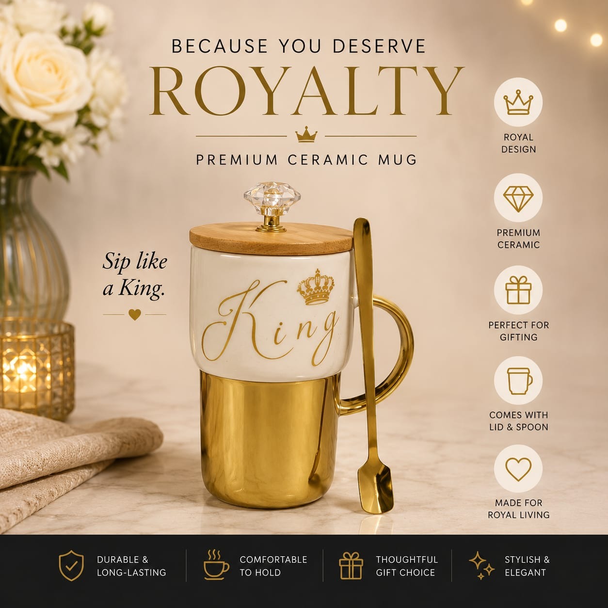 Royal King Ceramic Mug with Lid & Gold Spoon