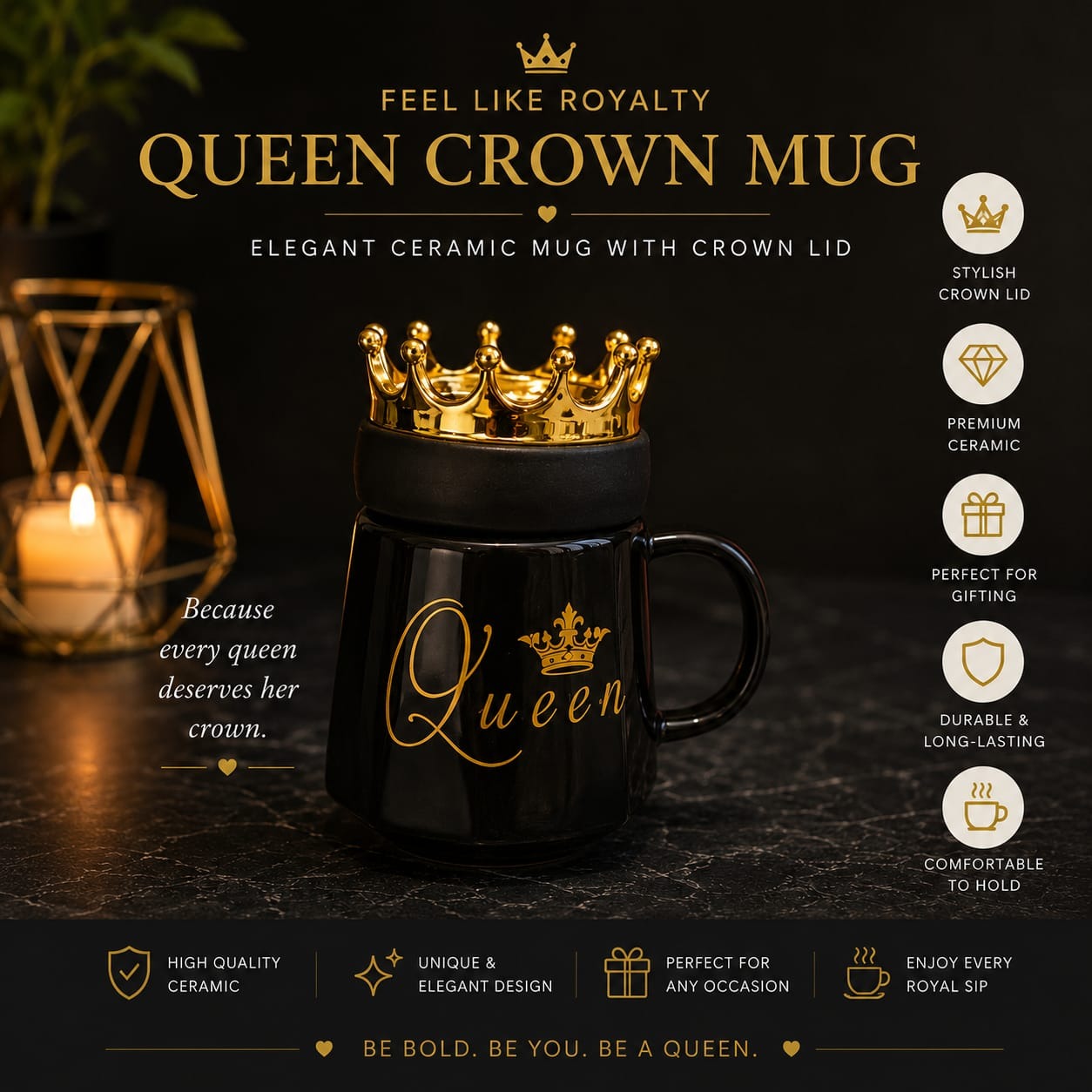 Queen Crown Ceramic Mug with Gold Lid