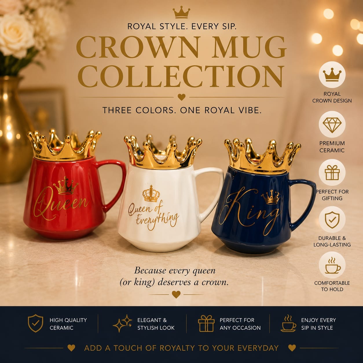 Ceramic Crown Mug with Lid
